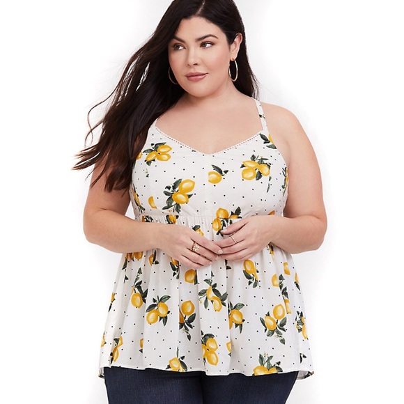 torrid Tops - Torrid White Dotted Lemons Challis Babydoll Cami